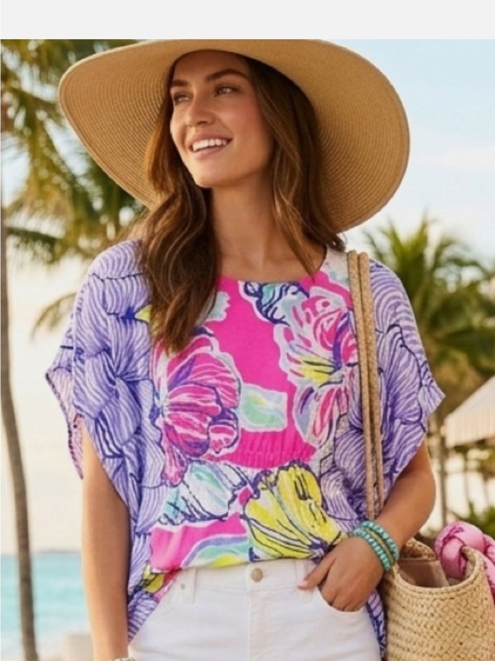 Lilly Pulitzer Bright Pink Kaliko Caftan Tunic Top Swept By Tides Sz S/M